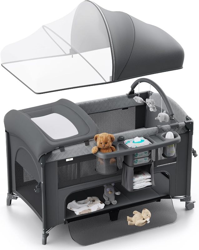Photo 1 of 4 in 1 Baby Bassinet, Pack and Play, Bedside Crib Sleeper, Diaper Changer - Comes with Mattress, Mosquito Net?Bottom Storage and Toy Bar for Newborn to Toddles, Grey