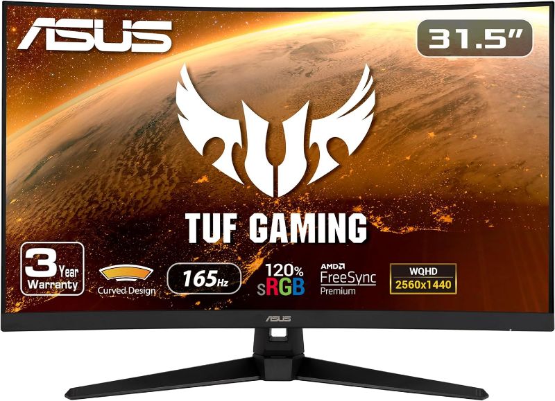 Photo 1 of ASUS TUF Gaming 32" 1440P HDR Curved Monitor (VG32VQ1B) - QHD (2560 x 1440), 165Hz (Supports 144Hz), 1ms, Extreme Low Motion Blur, Speaker, FreeSync Premium, VESA Mountable, DisplayPort, HDMI,BLACK
