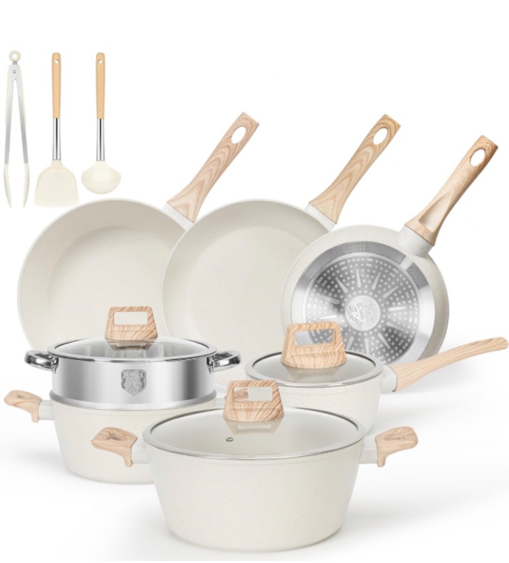 Photo 1 of ****MISING PCS****8 SODAY Pots and Pans Set Non Stick, 13 Pcs Kitchen Cookware Sets White Granite Nonstick Cooking Set with Frying Pans, Saucepans, Steamer Silicone Shovel Spoon & Tongs (PFOS, PFOA Free) White 13 Pieces