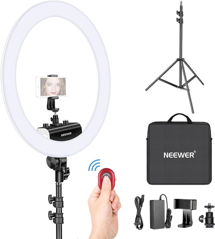 Photo 1 of Neewer Ring Light Kit [Upgraded Version-1.8cm Ultra Slim] - 18 inches, 3200-5600K, Dimmable LED Ring Light with Light Stand, Rotatable Phone Holder, Hot Shoe Adapter for Portrait Makeup Video Shooting