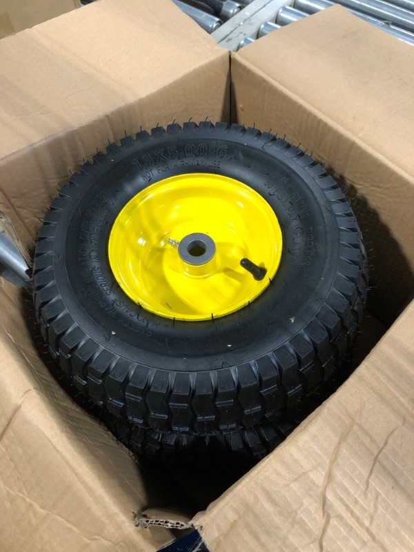 Photo 2 of (2 Pack) AR-PRO Exact Replacement 15" x 6.00-6" Front Tire and Wheel Assemblies for John Deere Riding Mowers - Compatible with John Deere 100 and D100 Series - 3” Centered Hub and 3/4” Bushings 15 x 6.00-6" Yellow