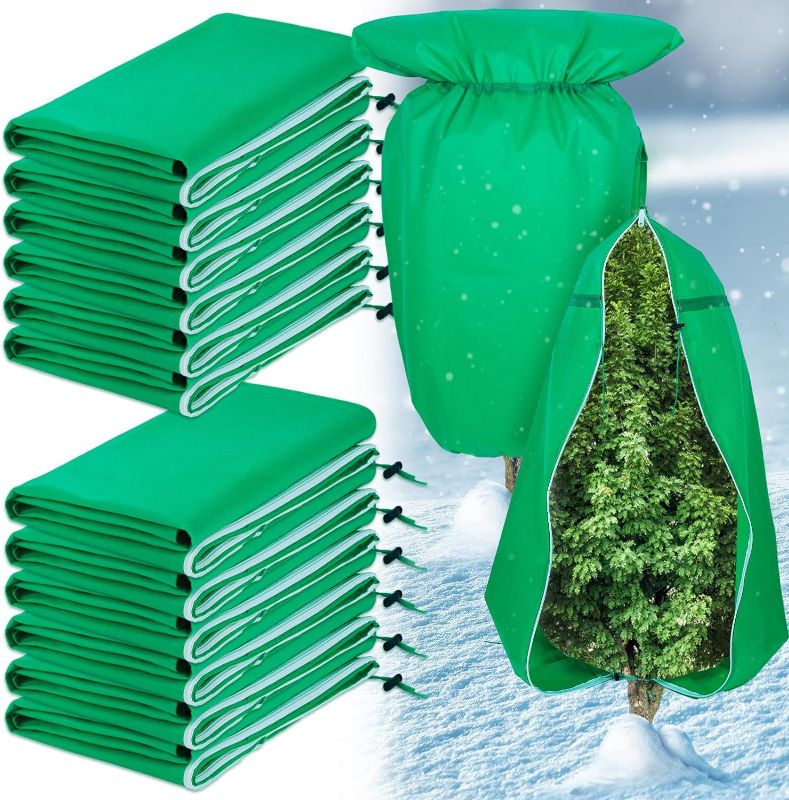 Photo 1 of 12-Packs Upgrade Plant Covers For Winter Freeze Protection 32"x47", 3 oz/yd² Thicken Frost Cover with Zipper Dual-Drawstring Bag, Reusable Plants Jacket For Outdoor Potted Anti-freeze Protection White 32"x47" green