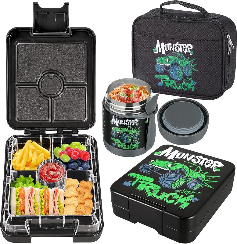 Photo 1 of **NOT EXACT**Bento Lunch Box Set for Kids with  Leak-Proof Lunch Containers with 4 Compartment, Kids Thermo Hot Food Jar and Insulated Lunch Bag for Kids to School,BPA-Free(Black-Trucks)
