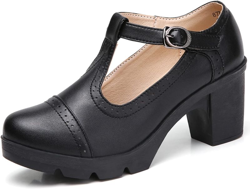 Photo 1 of DADAWEN Women's Leather Classic T-Strap Platform Chunky Mid-Heel Mary Jane Square Toe Oxfords Dress Pump Shoes SIZE 11