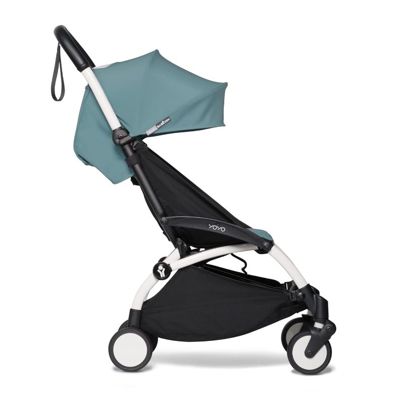 Photo 1 of BABYZEN YOYO2 Stroller - Lightweight & Compact - Includes White Frame, Aqua Seat Cushion + Matching Canopy - Suitable for Children Up to 48.5 Lbs ****USED**** The harness buckle missing.****CAN BE USED FOR PARTS*** NOT IN ORIGINAL PACKAGE*** 