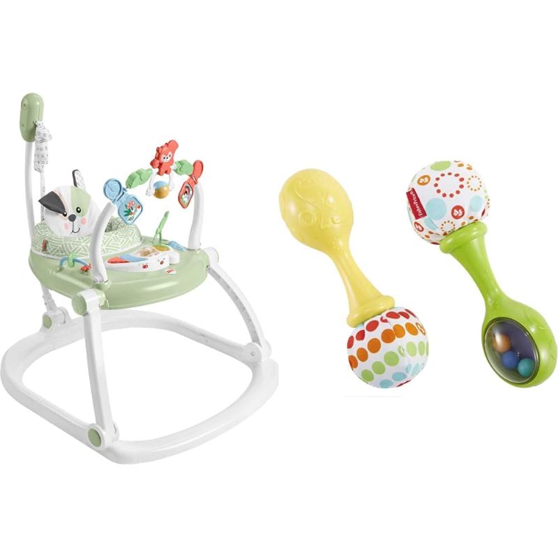 Photo 1 of Fisher-Price Baby Bouncer SpaceSaver Jumperoo Activity Center with Lights Sounds & Toys Rattle ‘n Rock Maracas, Set of 2 Soft Musical Instruments for Infants 3+ Months, Green & Yellow