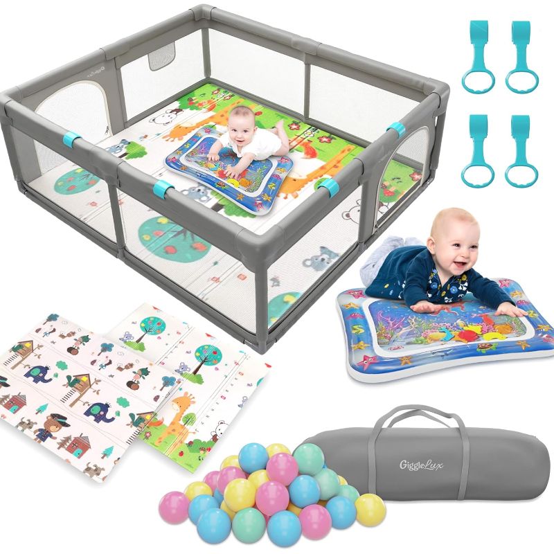 Photo 1 of Baby Playpen with Mat Included - Baby Play Yard Tummy Time Water Mat, Hand Rings, 30 Pitballs & Storage Bag - Baby Fence Play Area for Indoor Outdoor, Large Playpen for Babies and Toddlers