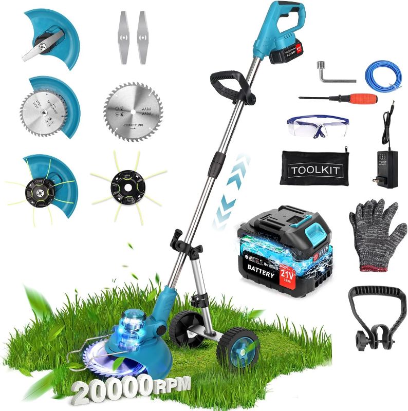 Photo 1 of 20000 RPM Battery Powered Weed Eater Cordless, 12'' Electric Weed Wacker Brush Cutter Heavy Duty, Striming Weed Trimmer Edger Lawn Mower with Charger, Metal Blade,1 Psc 3.0Ah Battery ***USED**** BOX IS DAMAGED*** 