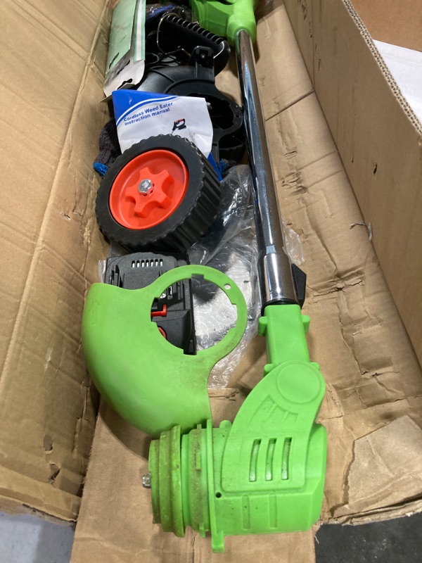 Photo 3 of 20000 RPM Battery Powered Weed Eater Cordless, 12'' Electric Weed Wacker Brush Cutter Heavy Duty, Striming Weed Trimmer Edger Lawn Mower with Charger, Metal Blade,1 Psc 3.0Ah Battery ***USED**** BOX IS DAMAGED*** 