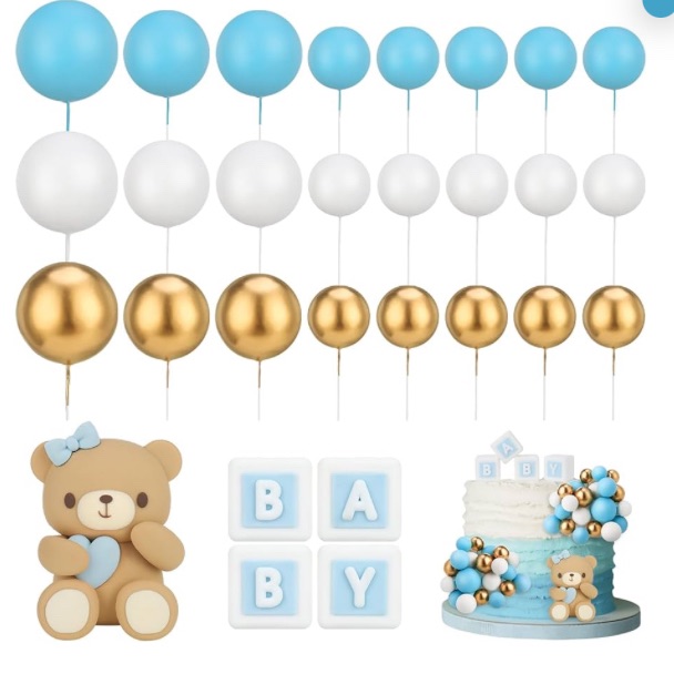 Photo 1 of 29 Pcs Ball Cake Topper Bear Cake Topper Baby Shower Cake Decorations with Cute Bear Blue BABY Letter Blue Gold White Foam Balloon for Baby Shower Cake Topper Girl Boy(Blue)