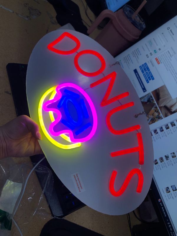 Photo 3 of JFLLamp DONUTS Neon Signs for Wall Decor Neon Lights for Business Led Signs Suitable for Bakery Dessert Cake Shop Convenience Stores Supermarkets 5V Power Adapter 16.1*9 Inch (Blue+ Red+Pink+Yellow)