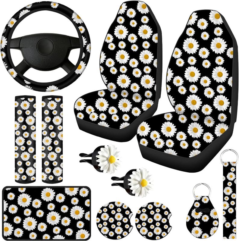 Photo 1 of 12 Pieces Daisy Flower Car Accessories Full Set Includes Daisy Car Seat Cover Steering Wheel Cup Holder Armrest Pad Decor