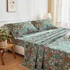 Photo 1 of  Cotton Floral Queen Sheets Deep Pocket, Vibrant Paisley Flowers Printed on Green Pattern Sheets for Queen Bed Botanical Preppy Bed Sheets 4PCS Set