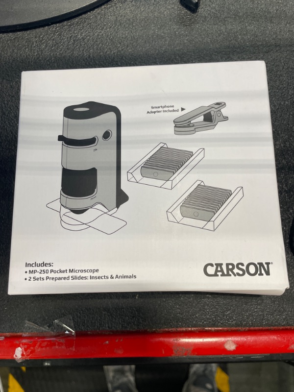 Photo 2 of Carson MicroFlip 100x-250x LED and UV Lighted Pocket Microscope with Flip Down Slide Base and Smartphone Digiscoping Clip Bundle Included with 24 Prepared Insect and Animal Slides (MP-250BUN) Bundle with Slide Sets