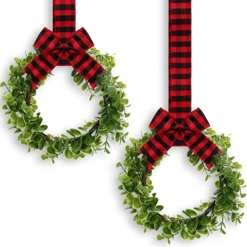 Photo 1 of 2 Pieces Faux Kitchen Cabinet Wreaths Boxwood Wreaths with Ribbon Artificial Green Leaves Wreaths Decorative Hanging Wreaths for Cabinet Wall Window Front Door Decors (Black and Red, Fabric) Black and Red Fabric