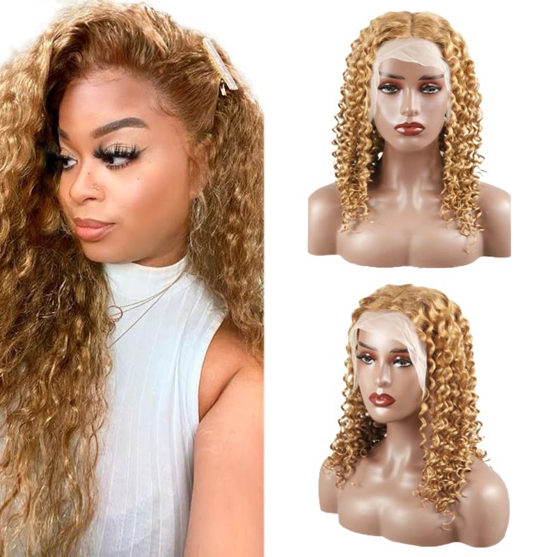 Photo 1 of #27 Blonde Human Hair Lace Front Wigs Deep Wave Wigs Human Hair 13x4x1 Lace Frontal Wigs For Women 150% Density Brazilian Virgin Hair Pre Plucked HD Transparent Lace Front Wigs Human Hair 26 Inch