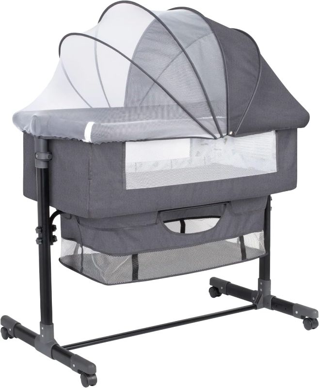 Photo 1 of GoFirst Bedside Bassinet for Baby, Bedside Sleeper with Wheels, Heigt Adjustable, with Mosquito Nets, Large Storage Bag, for Infant/Baby/Newborn (Grey)