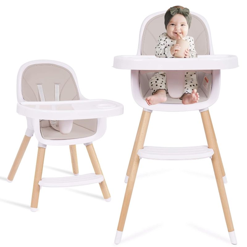 Photo 1 of *** MISSING PARTS****Baby High Chair, 3-in-1 Convertible Wooden High Chair with Adjustable Legs & Double Dishwasher Safe Tray, High Chairs for Babies and Toddlers, Made of Sleek Hardwood & Premium Leatherette