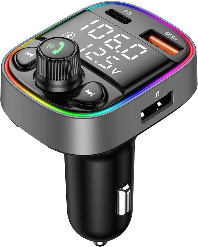 Photo 1 of AUX USB C Bluetooth Car Adapter, Wireless Handsfree Call, Plug for FM Transmitter Radio Receiver, QC3.0 & Type-C USB Car Charger Port, 7 Color Backlit with 2 LED Displays, TF Card & Music Player