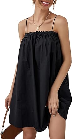 Photo 1 of OYOANGLE Women's Spaghetti Straps Sleeveless Loose Ruffle A Line Cami Short Dress with Pocket Black  X-Small