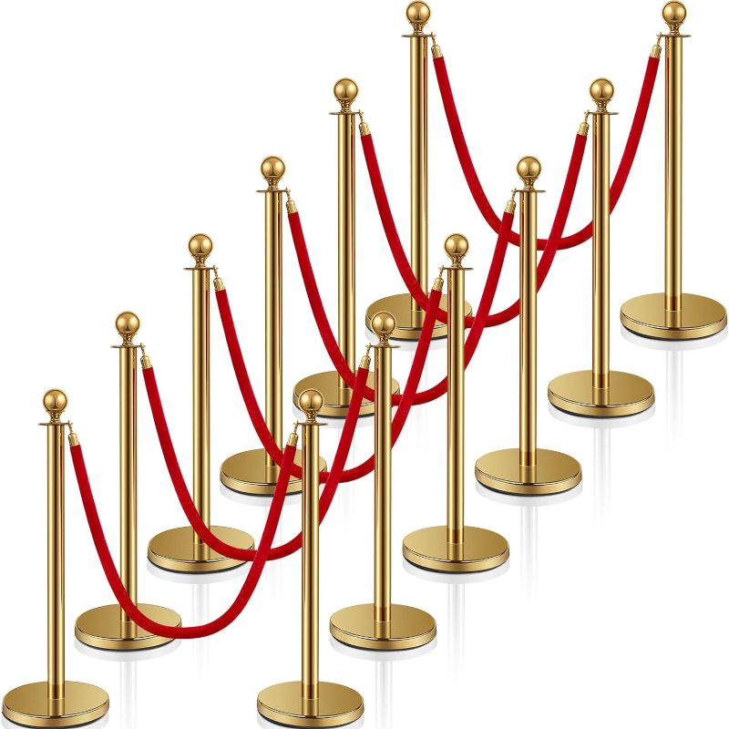 Photo 1 of  12 Pcs Stainless Steel Stanchion Post Queue 5 ft Velvet Rope Carpet Ropes and Poles Crowd Control Barriers Sand Injection Hollow Base and Velvet Ropes Set for Party Supplies(Gold, Red)