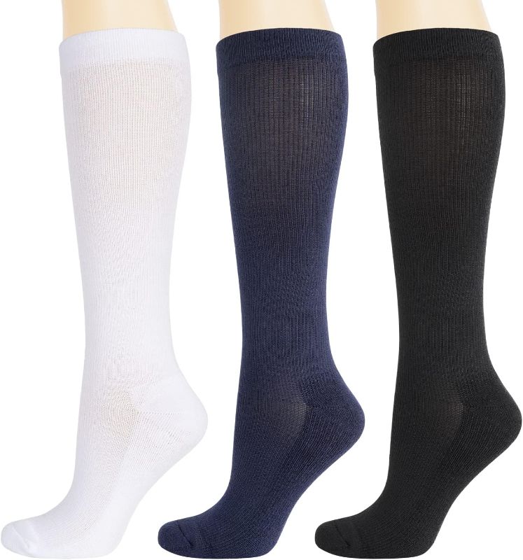 Photo 1 of Bamboo Rayon Compression Socks for Women Men, 8-15mmHg Moderate Circulator Graduated Support Sock for Running Cycling Travel, Black/White/Navy Blue(3 Pair, 9-11) 9-11 Black/White/Navy Blue(3 Pairs)