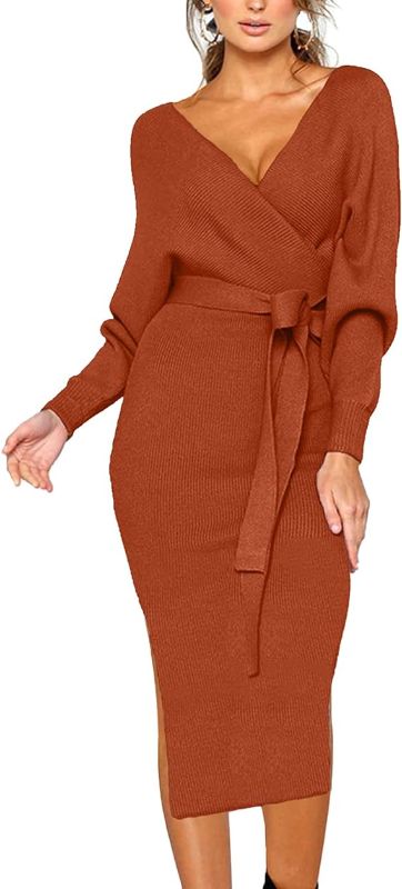 Photo 1 of CHERFLY Women's V Neck Sweater Dresses Batwing Long Sleeve Backless Bodycon Dress with Belt
