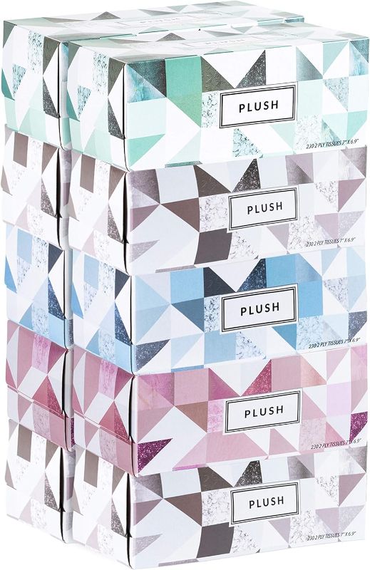 Photo 1 of Plush Facial Tissues 230 Per Box Size 7" X 6.9" 2 Ply,Soft, Smooth, Great for Bathroom, Office, Store, School,Home, Kitchen, Or in Your Car & in Every Room (Family pack Pack of 10, 2300 Tissues total)