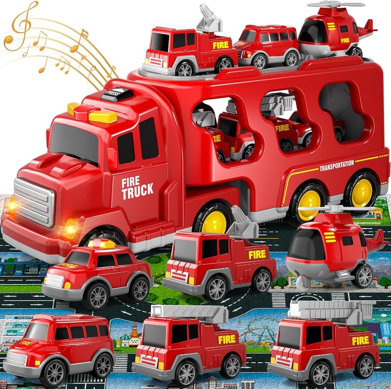 Photo 1 of Fire Truck Toys for Toddlers 3 4 5 6 Years Old, 7 in 1 Truck Friction Power Toy Car, Fire Rescue Truck, Ladder Truck, Helicopter and Sprinkler, Christmas Birthday Gifts for Boys & Girls 3-5 Years Old
