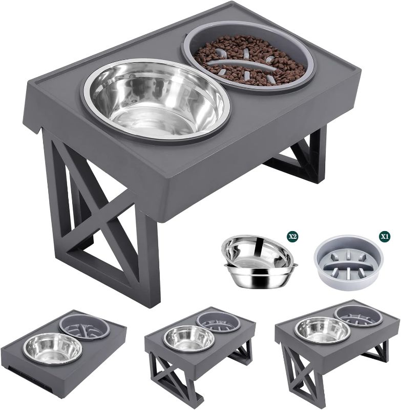 Photo 1 of Elevated Dog Bowls Adjustable Raised Dog Bowl with 2 Stainless Steel with Slow Feeder Bowl Dog Food Bowls Stand Non-Slip No Spill Dog Dish Adjusts to 3 Heights for Small Medium Large Dogs and Cats
