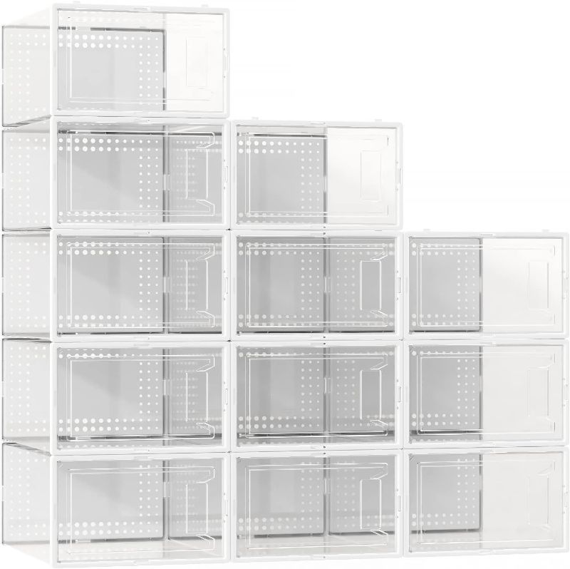 Photo 1 of 12 Pack Large Shoe Organizer Storage Boxes for Closet, Modular Space Saving Shoe Boxes Clear Plastic Stackable Sneaker Containers Display Case with Lids, White
***USED**** 