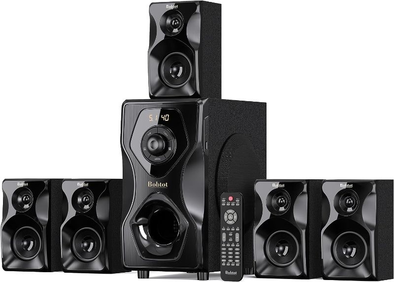 Photo 1 of Bobtot Surround Sound Speakers Home Theater Systems - 700 Watts Peak Power 5.1/2.1Wired Stereo Speaker System 5.25" Subwoofer Strong Bass with Bluetooth HDMI ARC Optical Input https://a.co/d/2pshnht