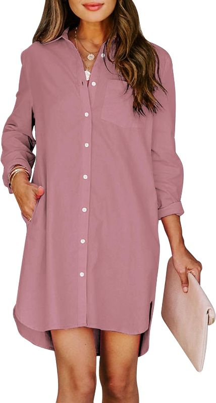 Photo 1 of Aoudery Womens Button Down Shirt Dresses with Pockets Cotton Button Up Tunics Long Sleeve Solid High Low Blouse Tops Medium A_rose Pink