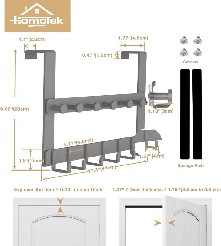 Photo 1 of HOMOTEK Longer Over The Door Hook, Coat Towel Rack for Entryway and Bathroom, Door Hanger with 13 Peg Hooks for Hanging Clothes, Towels and Hat?9" Bracket, Fits 1-3/4" Thick Door,Dark Gray
