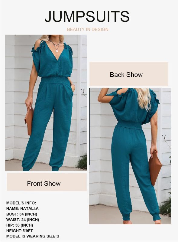 Photo 1 of Dokotoo Jumpsuit for Womens Dressy Casual 2024 One Piece Romper Cold Shoulder Outfits for Summer TEAL