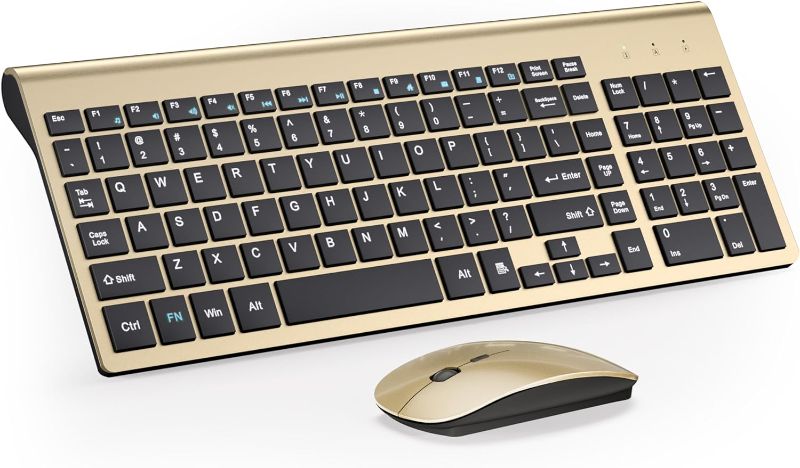 Photo 1 of TopMate Wireless Keyboard and Mouse Ultra Slim Combo, 2.4G Silent Compact USB Mouse and Scissor Switch Keyboard Set with Cover, 2 AA and 2 AAA Batteries, for PC/Laptop/Windows/Mac - Gold Black
