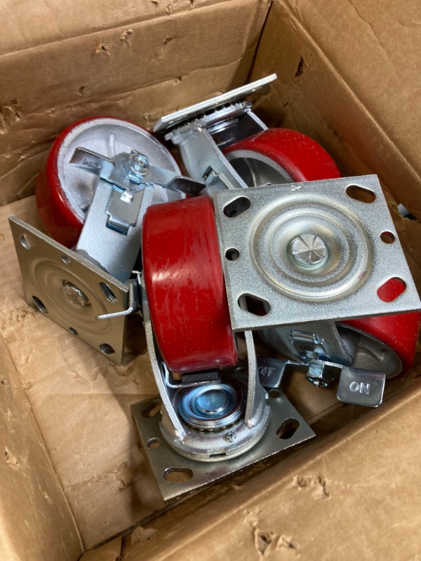 Photo 3 of CasterHQ Set of 4 Heavy Duty Casters - 5 inch x 2 inch Heavy Duty Caster Set with Red Polyurethane on Steel Wheels, 1,100 pounds Capacity per Caster, 5" Size (Set of 4), Perfect Toolbox Caster Wheels