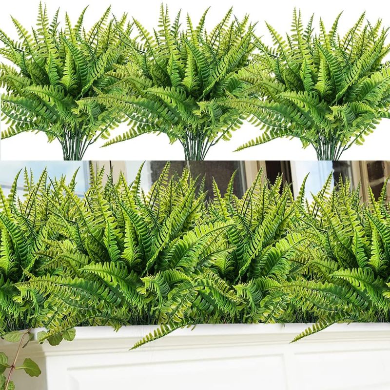 Photo 1 of 12 Bundles Artificial Outdoor Plants Greenery Fake Boston Fern Bushes Artificial Shrubs UV Resistant No Fade Faux Plastic Plants
