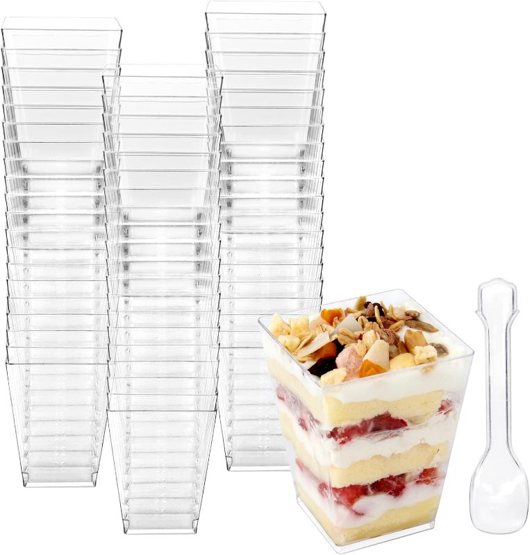 Photo 1 of  Plastic Dessert Cups,  Round  Parfait Cups with Spoons Appetizer Cups for Parties, Events, Catering
***Stock photo shows a similar item*** 