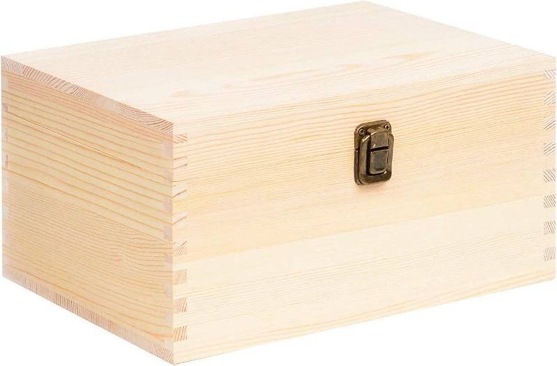 Photo 1 of Rectangle Unfinished Pine Wood Box Natural DIY Craft with Hinged Lid and Front Clasp for Arts Hobbies and Home Storage 