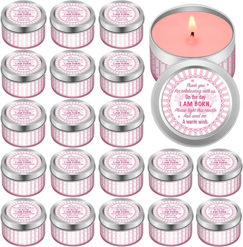 Photo 1 of 24 Packs Baby Shower Favors Scented Candles Bulk 2.5 oz Blue Pink Tea Lights Small Wax Soy Candles with Lids Burning Light Baby Shower Candles for Guests Baby Gifts Gender Reveal (Girl Style)
