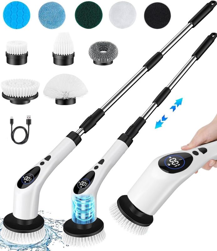 Photo 1 of **parts only**Electric Spin Scrubber, Cordless Voice Guidance Shower Scrubber with 9 Replaceable Heads, 3 Speeds LED Display Shower Cleaner Brush, Bathroom Scrubber with Adjustable & Detachable Long Handle
