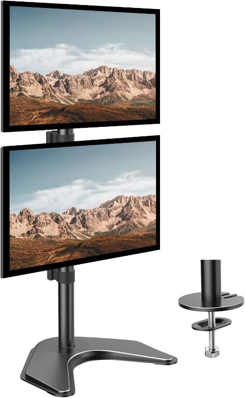 Photo 1 of HUANUO Dual Monitor Stand,Vertical Stack Screen Free-Standing Holder LCD Desk Mount Fits Two 13 to 32 Inch Computer Monitors with C Clamp Grommet Base Stacking Displays Tilt Swivel Height Adjustable