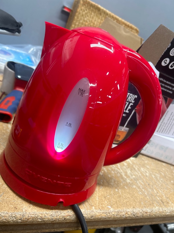 Photo 2 of ** powers on**
Ovente Electric Kettle 1.7 Liter Hot Water Boiler LED Light, 1100 Watt BPA-Free Portable Tea Maker Fast Heating Element with Auto Shut-Off and Boil Dry Protection, Brew Coffee & Beverage, Red KP72R 8.5 x 6.7 x 9.4 in Red