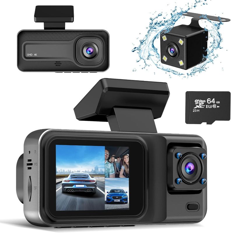 Photo 1 of 3 Channel 4K Dash Cam, Dash Camera for Cars with Free 64GB SD Card, 4K+1080P+1440P Dash Cam Front and Rear Inside, Super Night Vision, Loop Recording, G-Sensor, Motion Detection, 24 Hours Parking Mode
