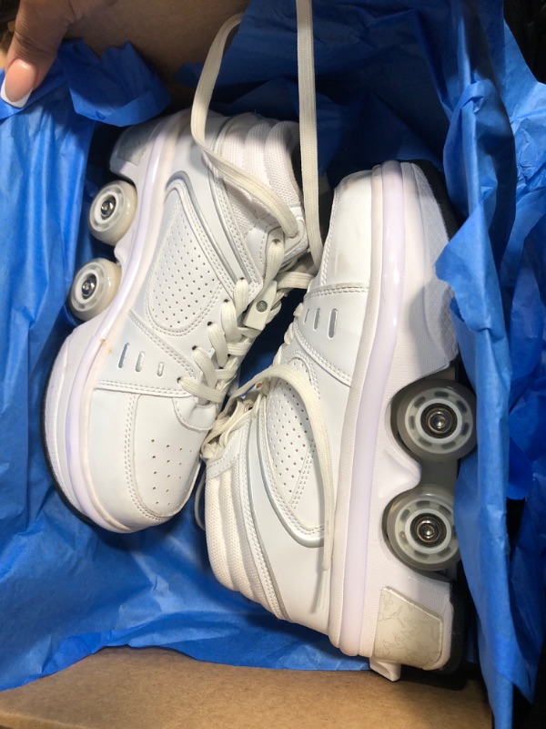 Photo 2 of Kid‘s Roller Shoes Skate?Adult's White Walk Deformation Shoes ?Outdoor Running Shoes with Wheel, size 4
