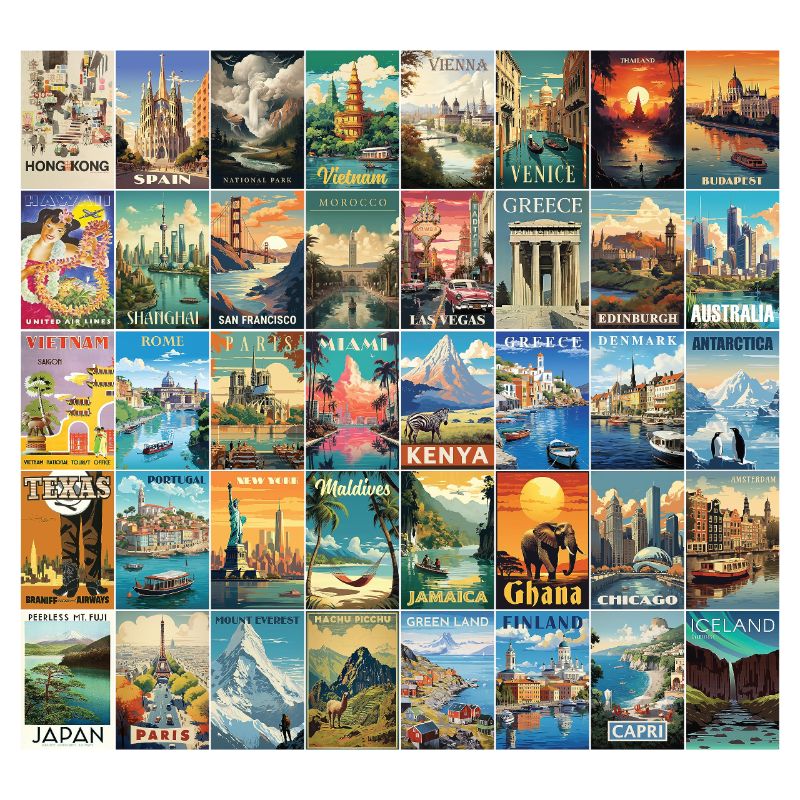 Photo 1 of LCLAIDYDY 100 PCS Vintage Travel Postcard Set,Post Cards for Mailing,Travel Posters Art Prints Room Decor,World City Postcards,Retro Style Travel Wall Collage Kit Aesthetic Pictures 4x6