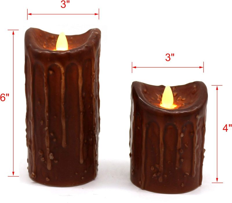 Photo 3 of (NON-REFUNDABLE) CVHOMEDECO. Real Wax Hand Dipped Battery Operated LED Pillar Candles with Timer and Remote Control, Primitives Rustic Flickering Dancing Flame Lights Décor, H 6 & 4 Inch, Set of 2 (Coffee)