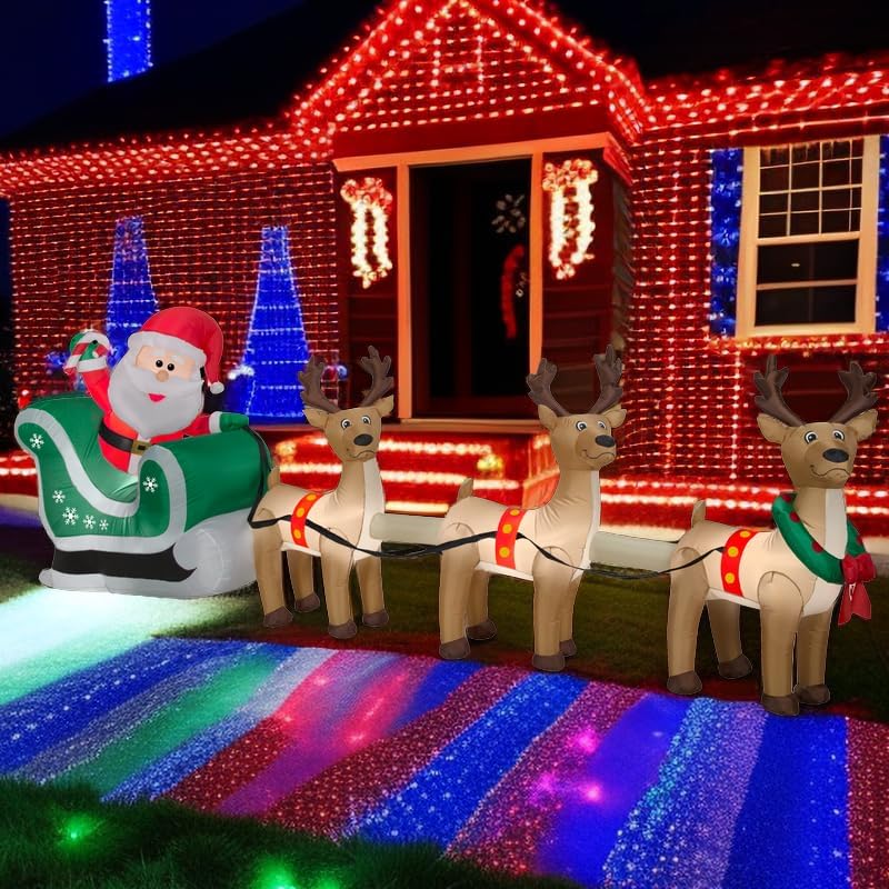 Photo 1 of 12ft Giant Lighted Christmas Inflatables Santa Claus on Sleigh with 3 Reindeer, Built-in LED Lights Outdoor Indoor Holiday Decorations Blow up Lawn Inflatables Home Family Decor Yard Decoration
