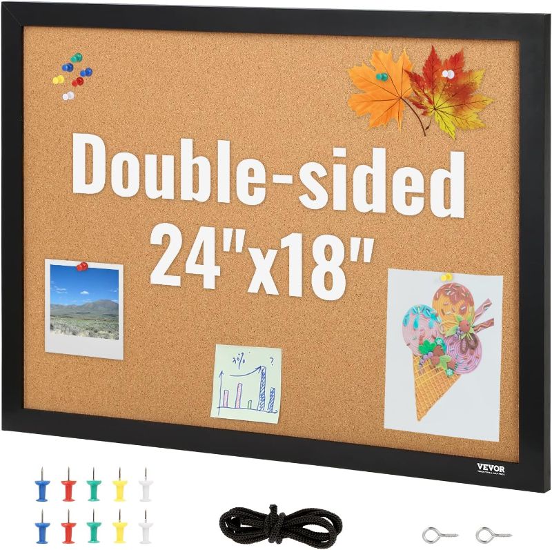 Photo 1 of VEVOR Cork Board for Walls, Double-Sided Cork 24'' x 18'' Bulletin Board Vision Board, Push Pin Board with Framed for Office Home and School 24x18